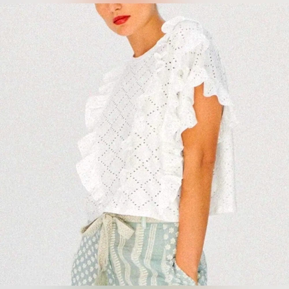Zara White EMBROIDERED PERFORATED Short Sleeve Top Shirt Womens SIZE Medium - Picture 2 of 6